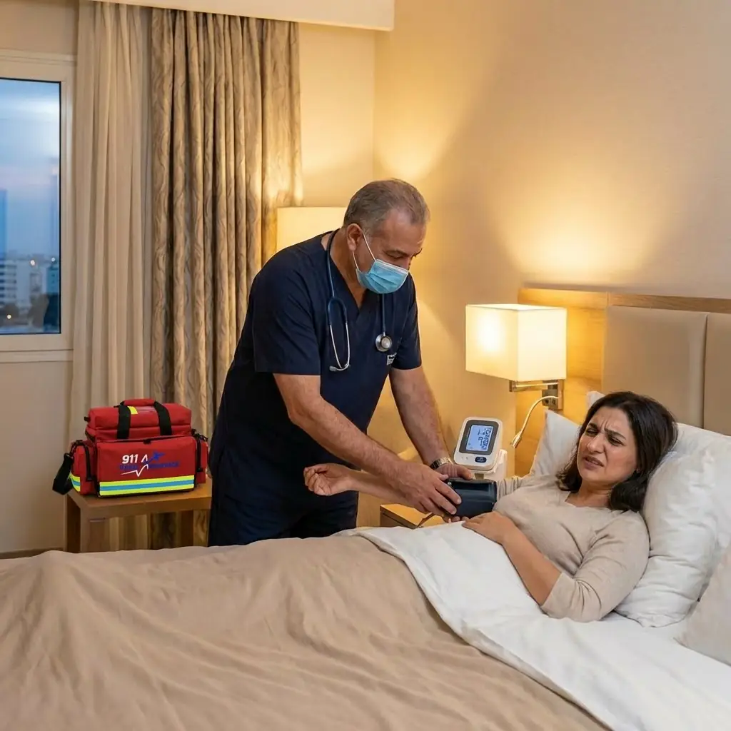 Médecin urgentiste avec patiente à l’hôtel